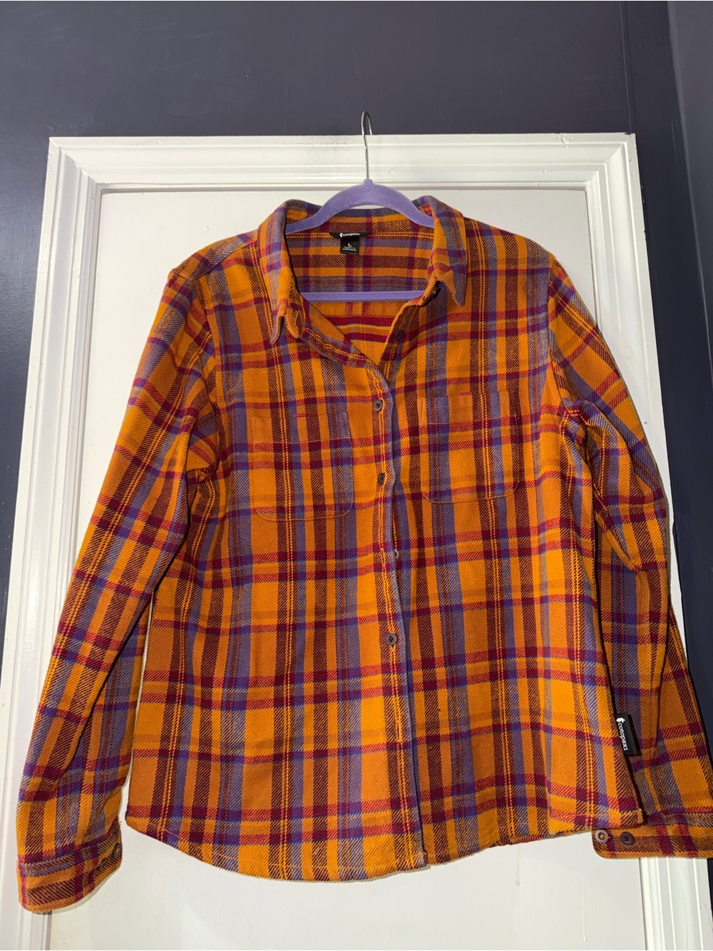 cotopaxi Orange Plaid Button-Down Shirt with Purple and Red Accents